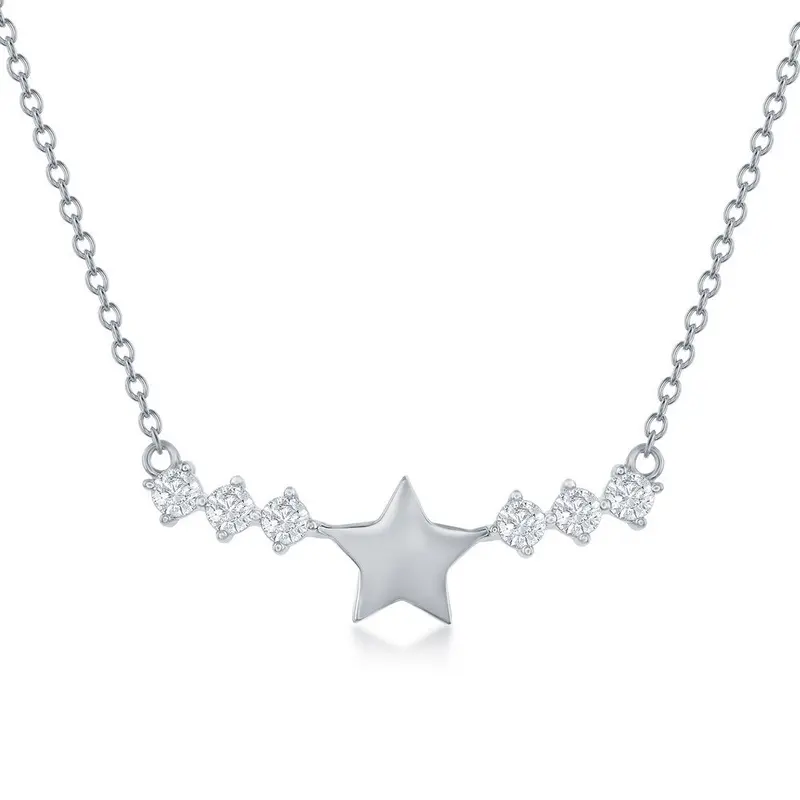 Sterling Silver, Star with CZ Sides Bar Necklace