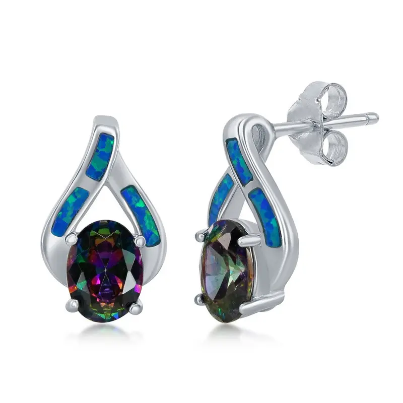 Sterling Silver Blue Inlay Opal w/ Large Rainbow Oval CZ Earrings