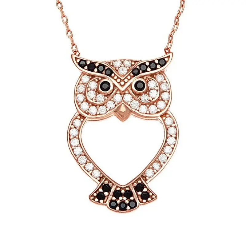 Sterling Silver CZ Open Owl Necklace - Rose Gold Plated