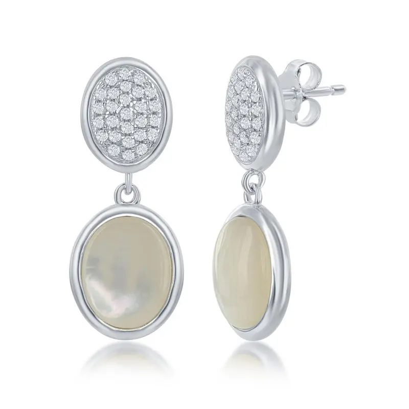 Sterling Silver Micro Pave and Mother of Pearl Oval Earrings