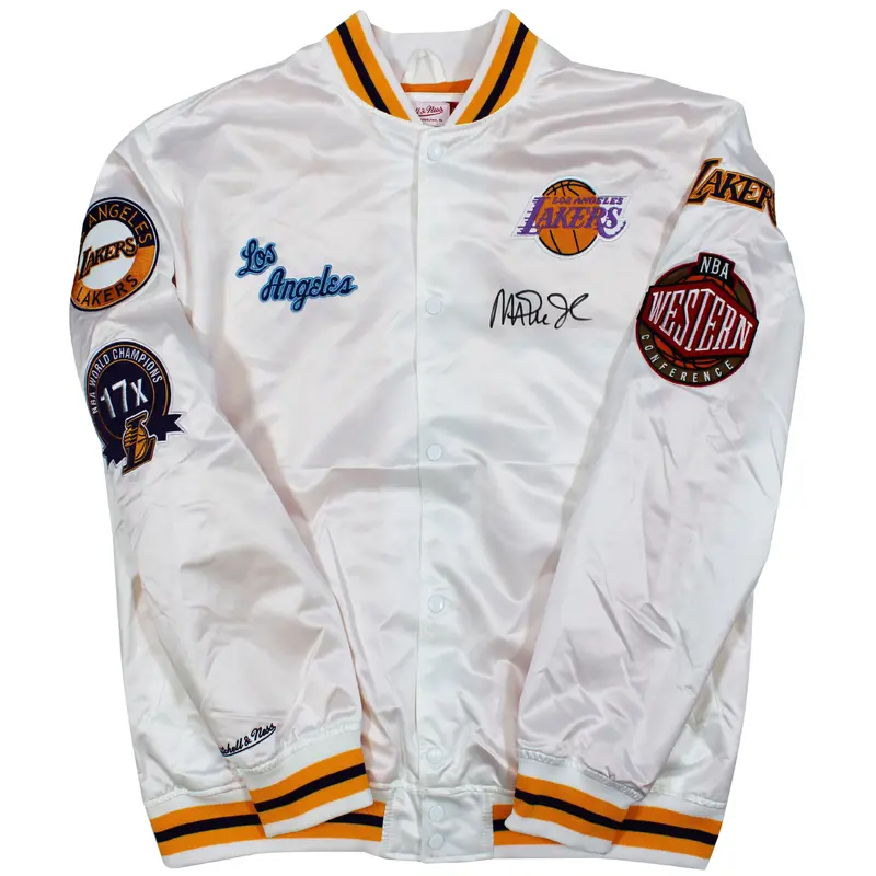 Lakers Magic Johnson Signed White M&N HWC Bomber Jacket w/ Patches BAS Witness