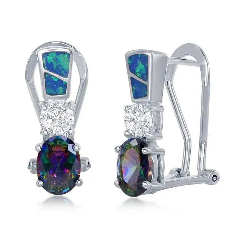 Sterling Silver Blue Inlay Opal, Round Clear CZ and Oval Rainbow CZ Earrings