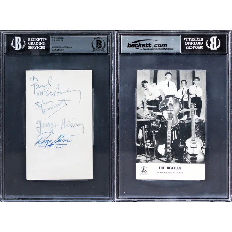 Beatles (4) Lennon, McCartney, Harrison & Starr Signed 3.5x5.75 Photo BAS Slab