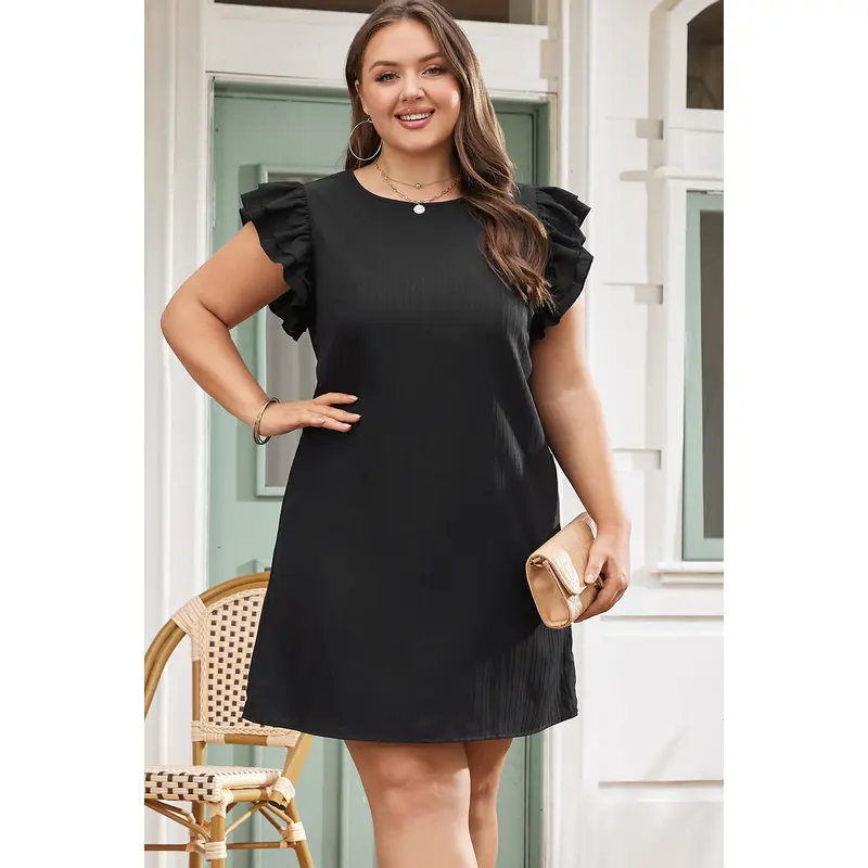 Black Ruffled Sleeve Rib Textured Plus Size Shift Dress