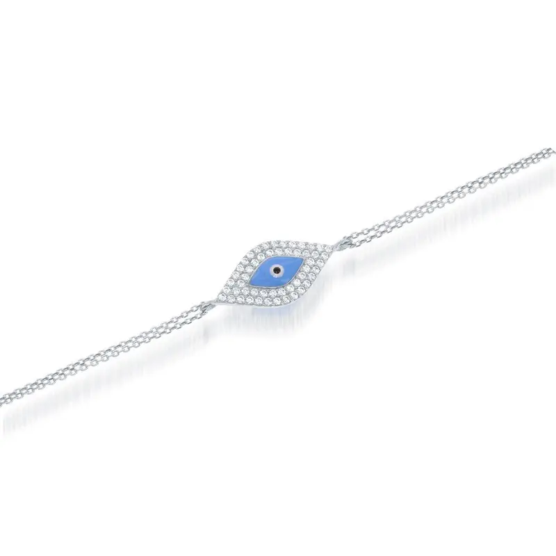 Sterling Silver Double-Strand Turquoise Enamel and CZ Evil Eye Bracelet