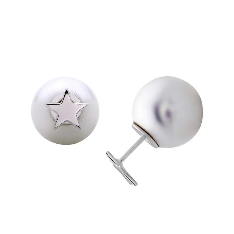 Sterling Silver Shiny Star Front with 12mm White Pearl Back Earrings