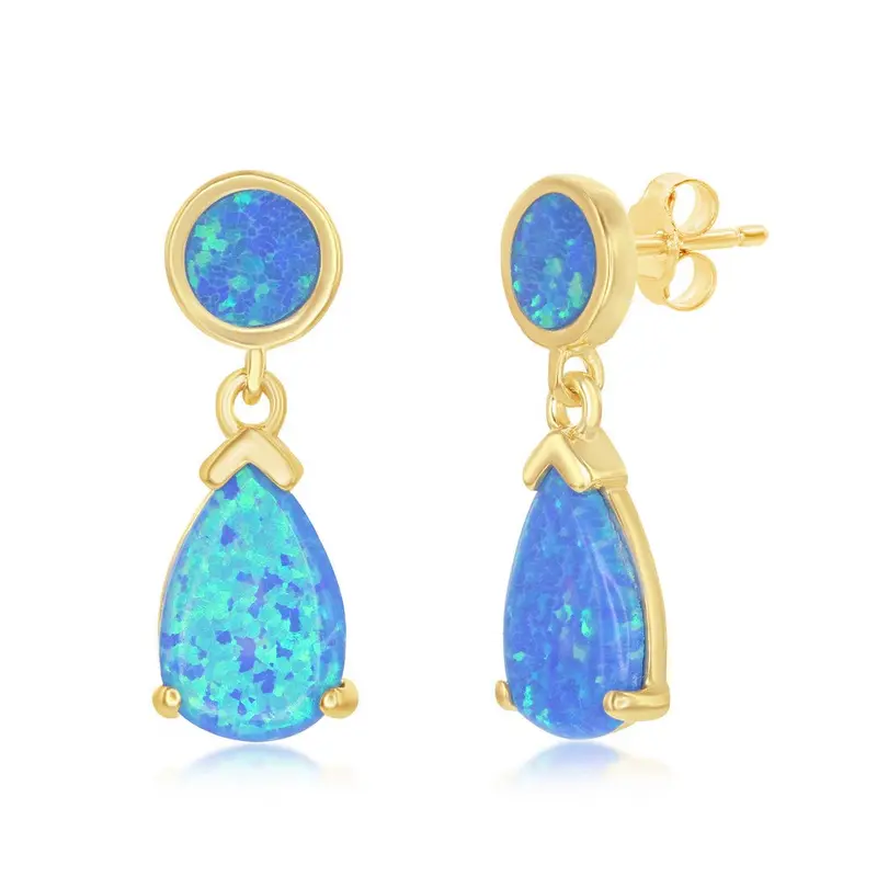 Sterling Silver Blue Inlay Opal Round and Teardrop Dangling Earrings - Gold Plated