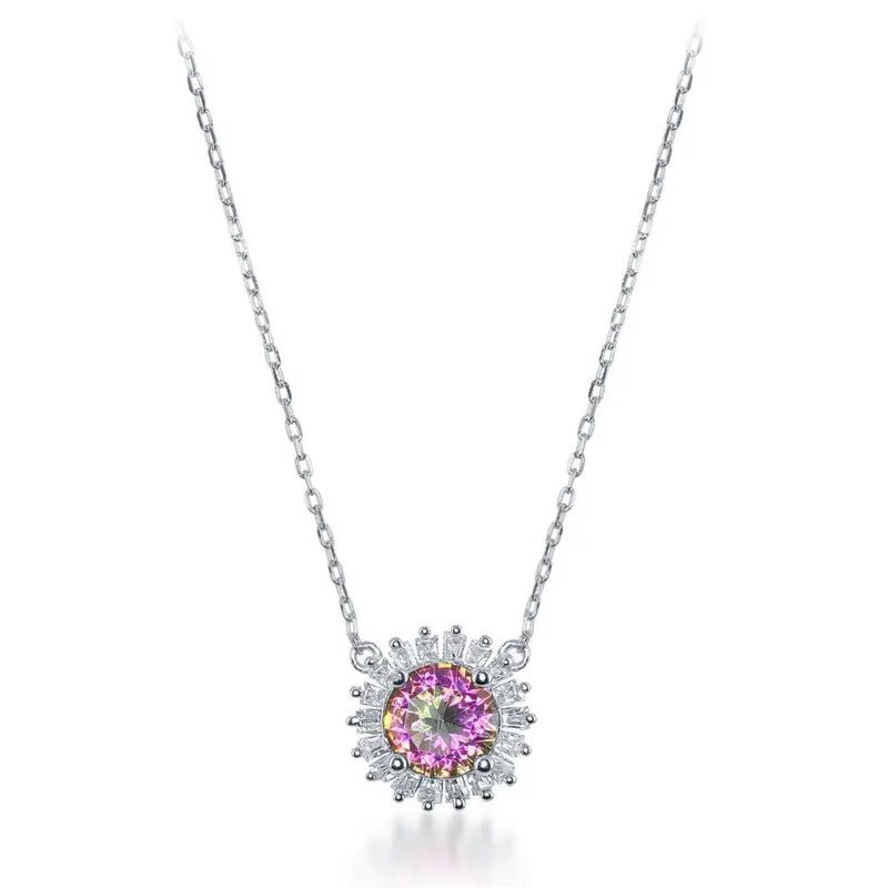 Sterling Silver Small Round Rainbow CZ with CZ Border Necklace