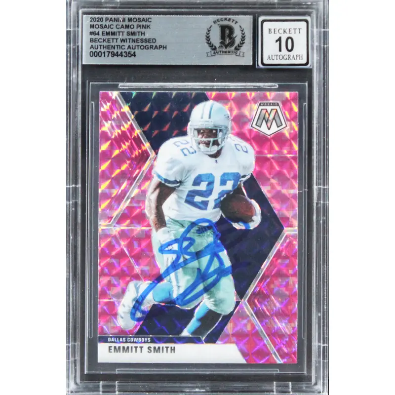 Emmitt Smith Signed 2020 Panini Mosaic Camo Pink #64 Card Auto 10! BAS Slabbed