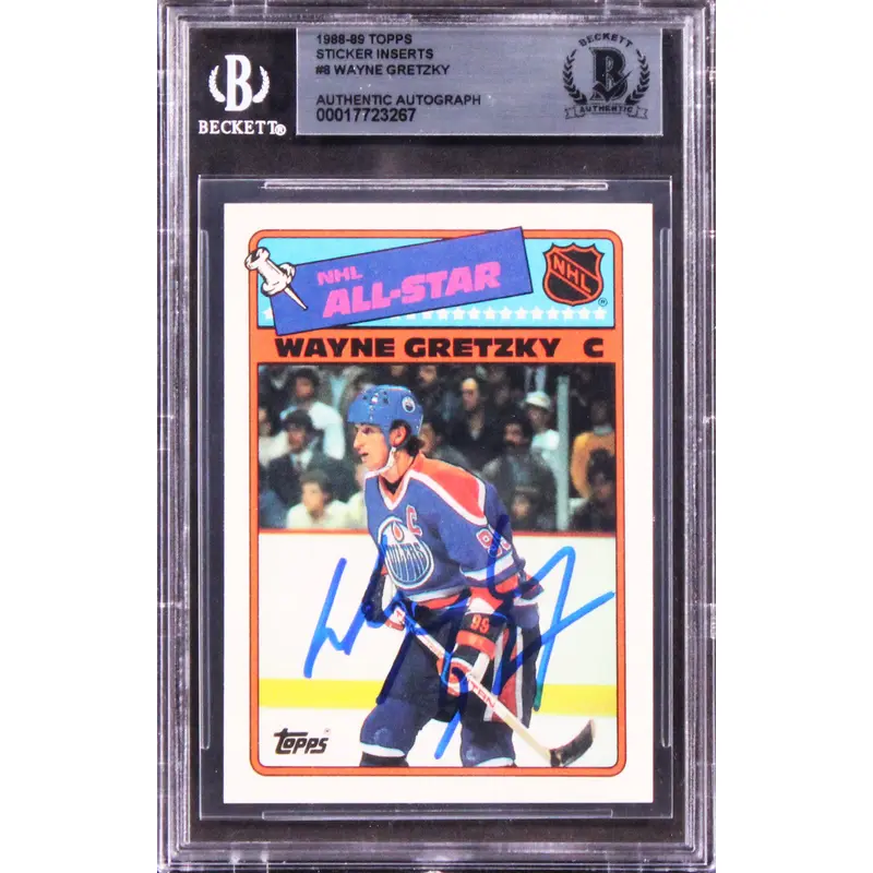Oilers Wayne Gretzky Signed 1987 Topps Sticker Inserts #8 Card BAS Slabbed