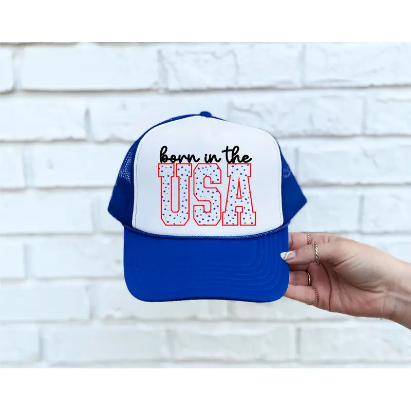 Born in the USA DTF Printed Blue & White Trucker Hat