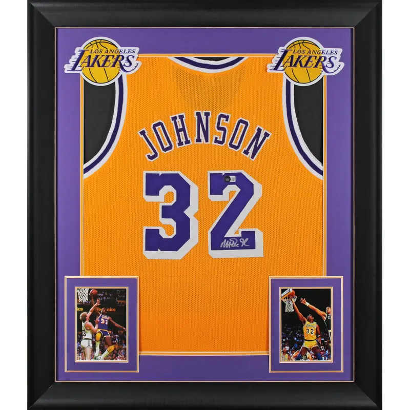 Magic Johnson Authentic Signed Yellow Pro Style Framed Jersey BAS Witnessed 2