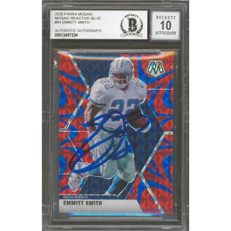 Cowboys Emmitt Smith Signed 2020 Panini Mosaic Reactive Blue 64 Auto 10 BAS Slab