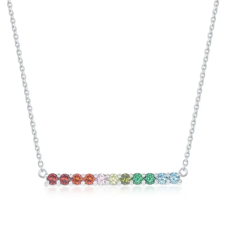 Sterling Silver Rainbow CZ Bar Necklace