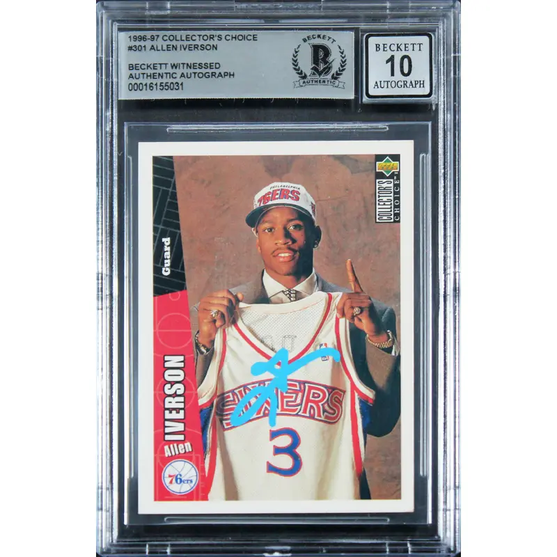 76ers Allen Iverson Signed 1996 Collector's Choice #301 RC Auto 10! BAS Slab 2