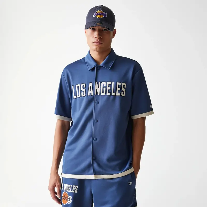 LA Lakers NBA Snap Button Dark Blue Short Sleeve Shirt