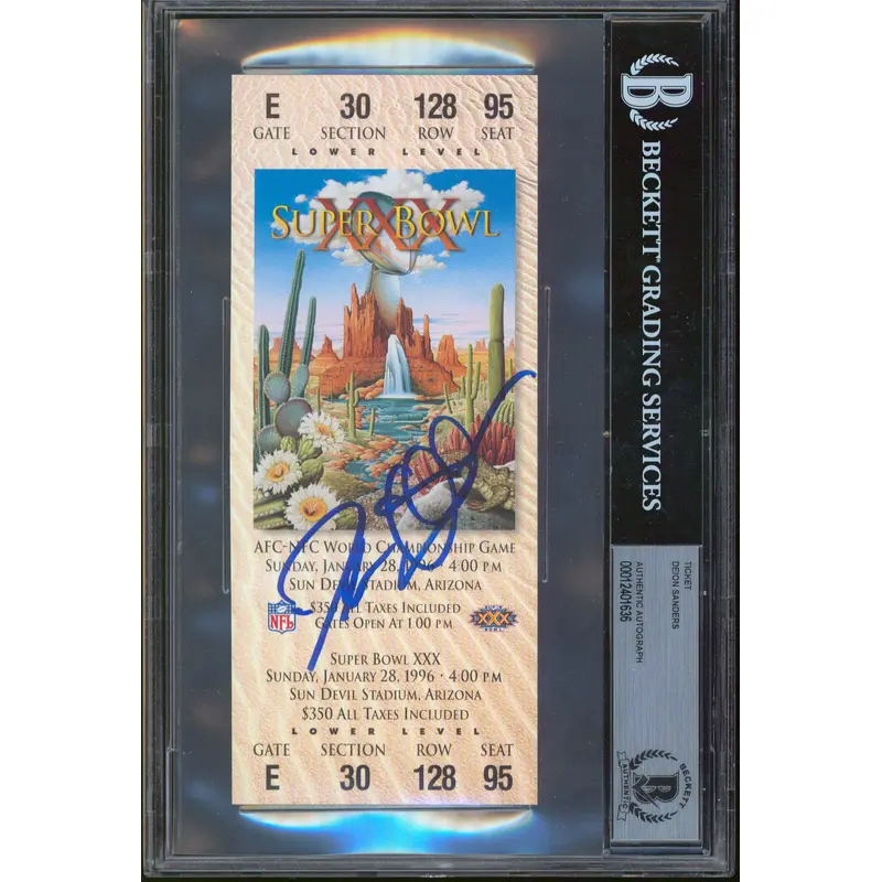 Cowboys Deion Sanders Authentic Signed Replica Super Bowl XXX Ticket BAS Slab