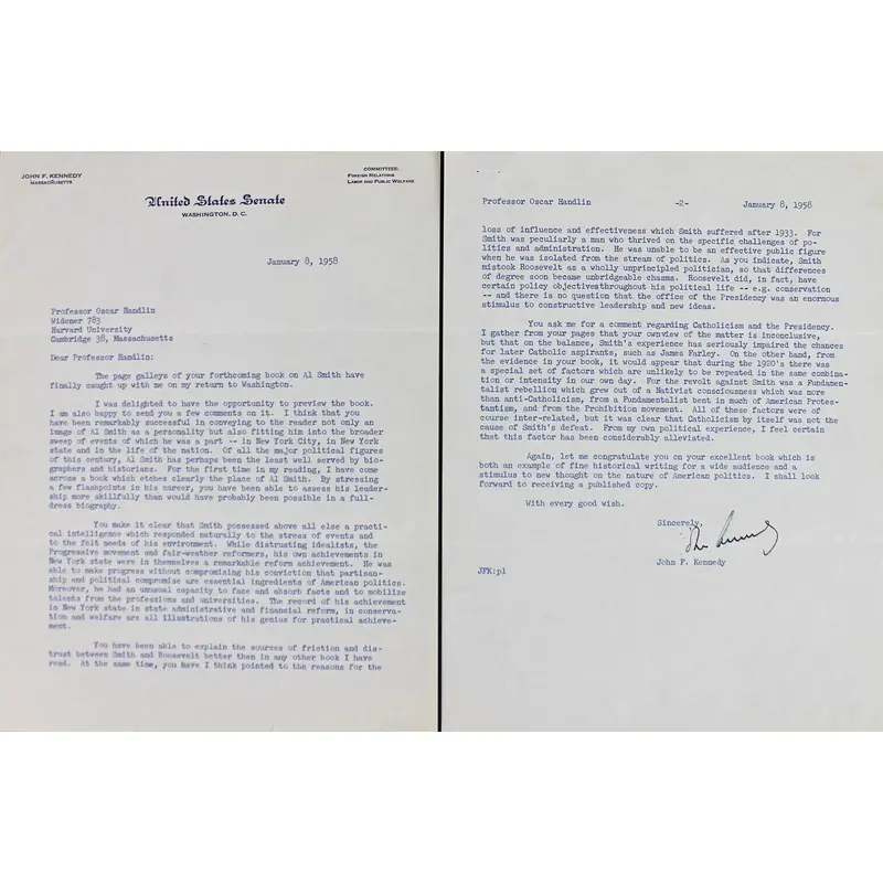 John F. Kennedy Signed 1958 2 Page Letter Discussing Al Smith BAS #A86830
