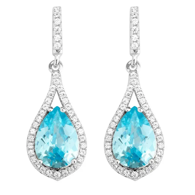Sterling Silver Teardrop Clear CZ with Center Bright Blue CZ Earrings