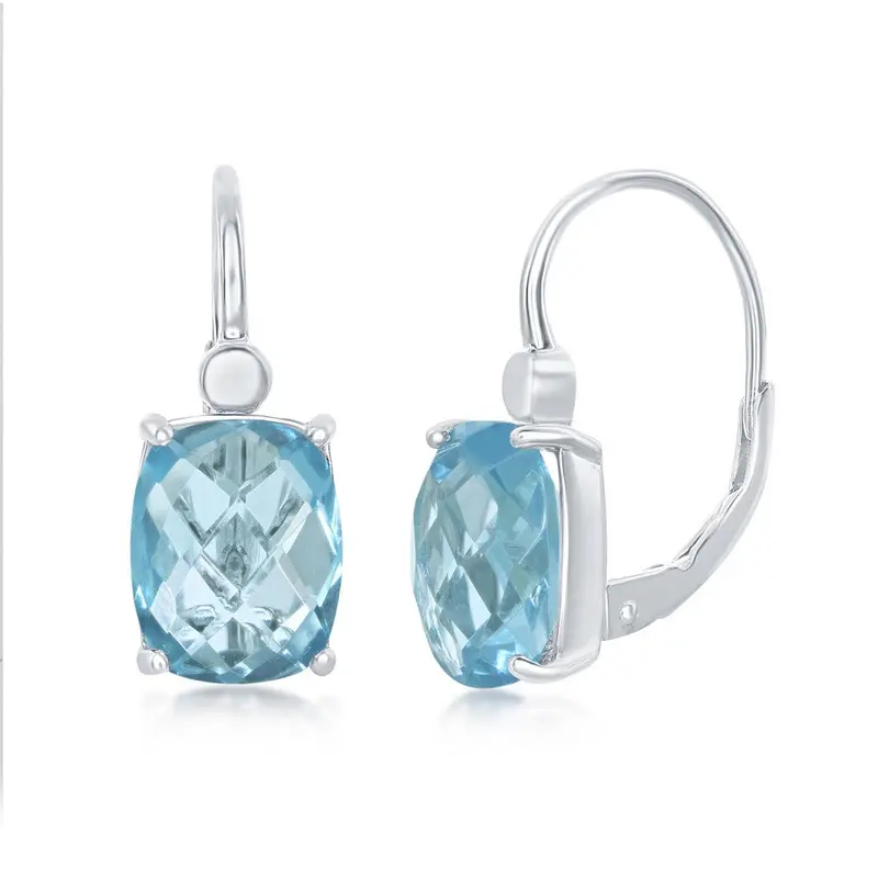 Sterling Silver Four-Prong Checkered 7.7cttw Gem Earrings - Blue Topaz