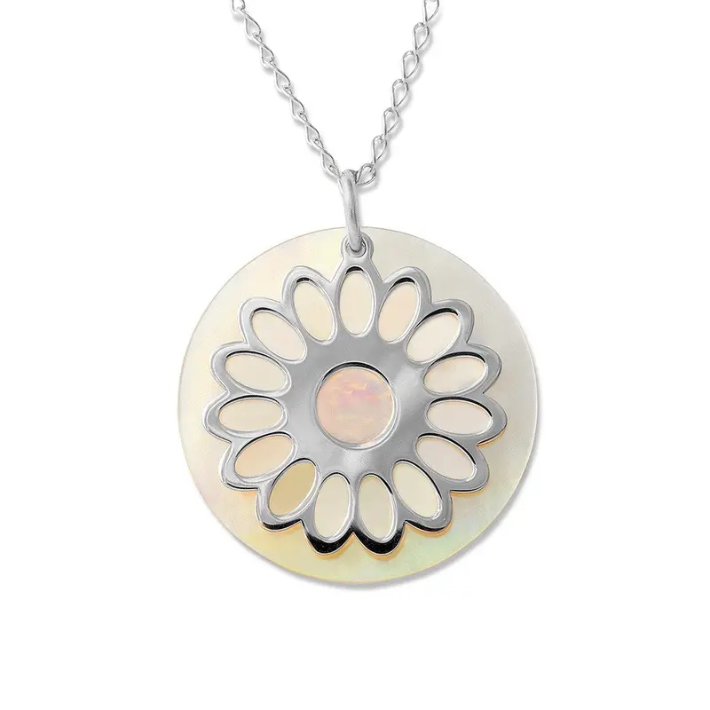 Sterling Silver Open Daisy with Flat Round MOP Disc Necklace