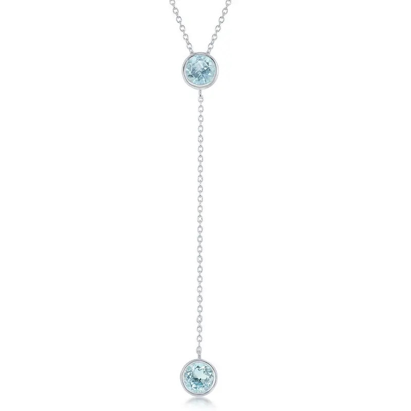 Sterling Silver, Round Blue Topaz w/ Long Hanging Chain & Round Blue Topaz Necklace
