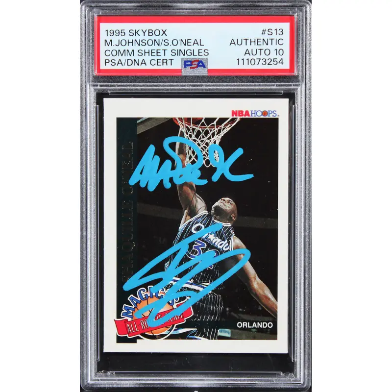 Magic Johnson & Shaquille O'Neal Signed 1995 Skybox #S13 Card Auto 10! PSA Slab