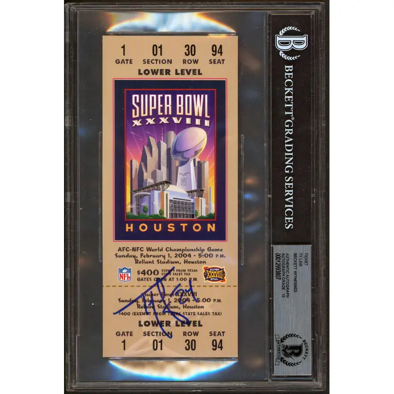 Patriots Ty Law Signed SB XXXVIII Replica Ticket Stub Auto 10! BAS Slabbed