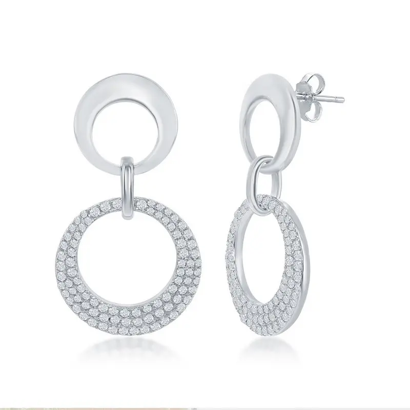 Sterling Silver Plain & Micro Pave Interlocking Open Circle Earrings