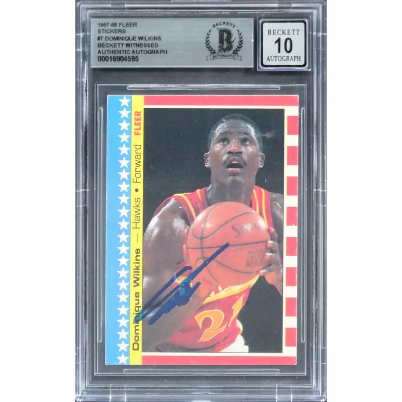 Hawks Dominique Wilkins Signed 1987 Fleer Stickers #7 Card Auto 10! BAS Slabbed