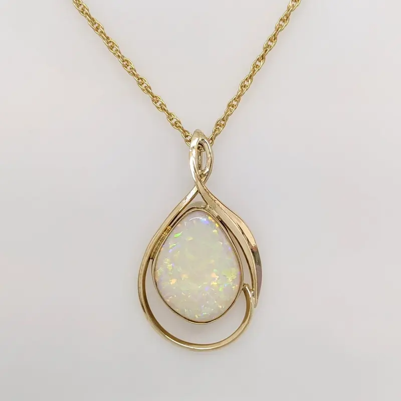 14K OPAL FREE FORM 14X18 BEZEL GOLD TRIM ESTATE PENDANT & CHAIN 7.0 GRAMS
