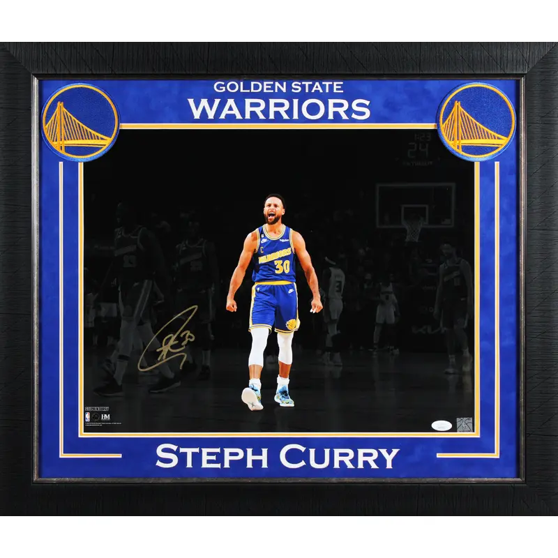 Warriors Stephen Curry Signed 16x20 Horizontal Spotlight Framed Photo JSA 2