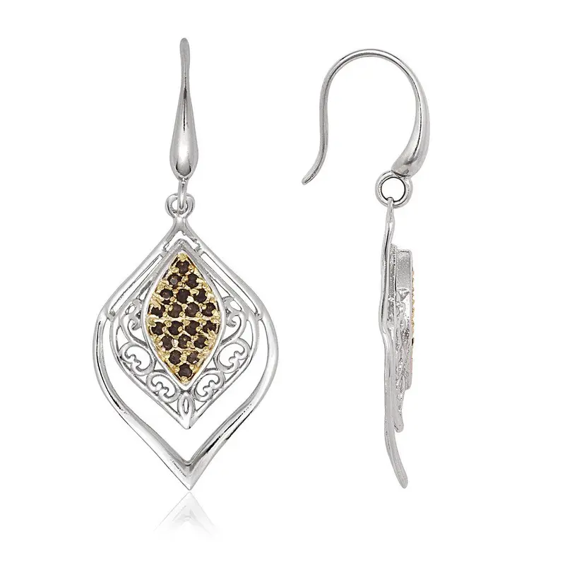 Sterling Silver Marquise Shaped Center GP with Smokey Stones Earrings