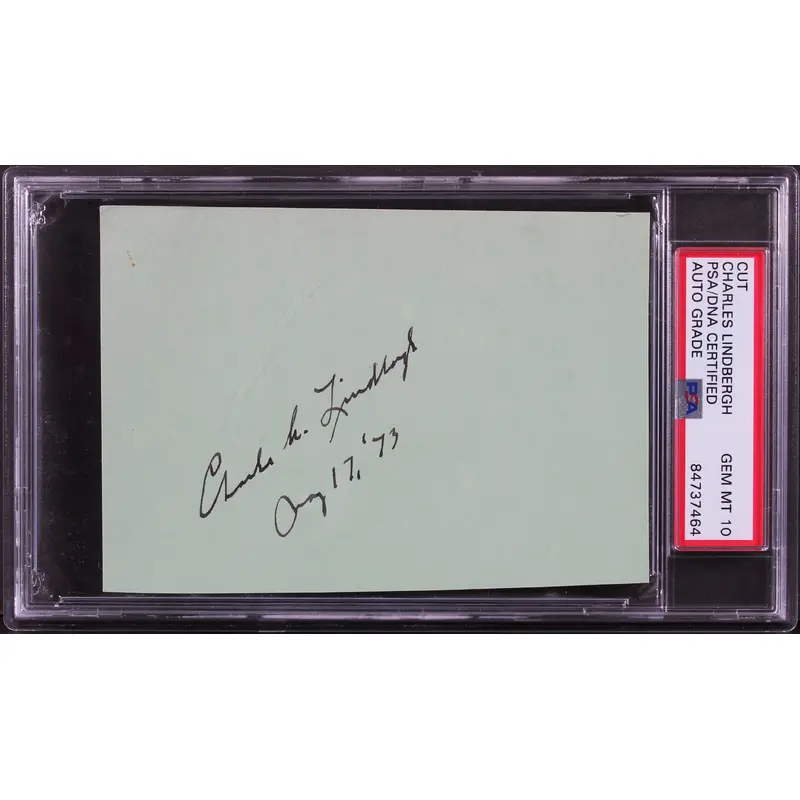 Charles Lindbergh "Aug 17, 73" Signed 3x5 Cut Signature Auto 10! PSA Slabbed