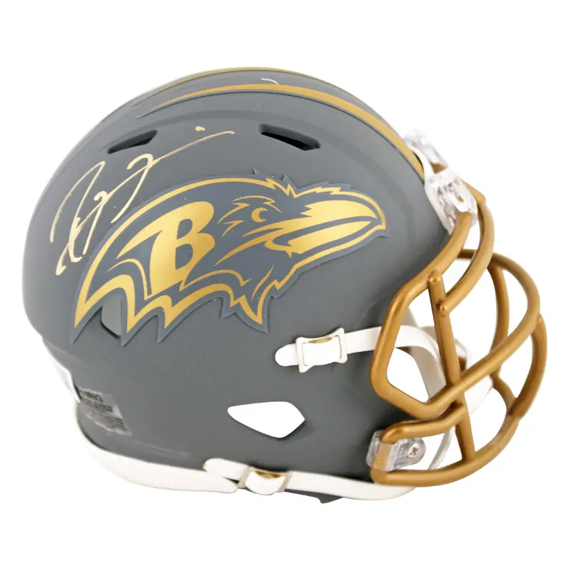 Ravens Ray Lewis Signed Slate Speed Mini Helmet w/ Gold Sig BAS Witnessed