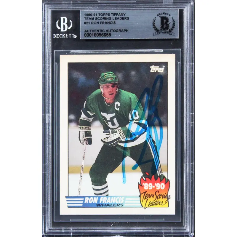 Whalers Ron Francis Signed 1990 Topps Tiffany Team SL #21 Card BAS Slabbed
